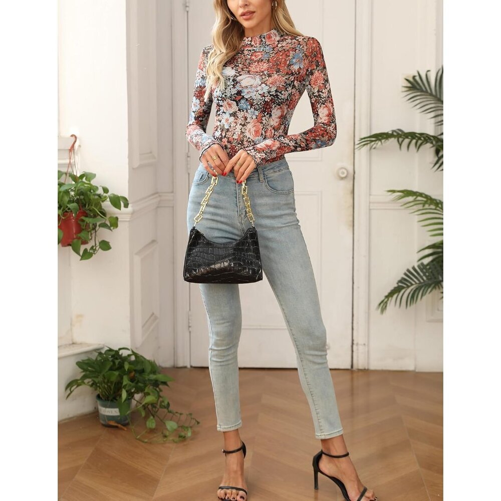 Womens Lace Mesh Top Floral Mock Neck Long Sleeve See Through Casual - Picture 6 of 6